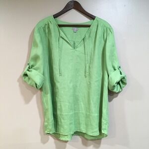 J Jill Linen Tunic Shirt Womens XL Green V Neck Roll Tab Sleeve Lagenlook Resort
